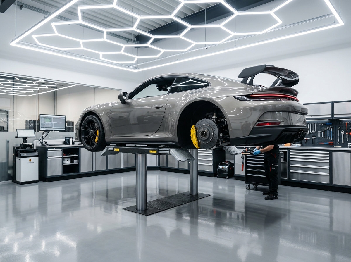 Box cirúrgico com Porsche 911 GT3 em elevador pantográfico e iluminação hexagonal de LED