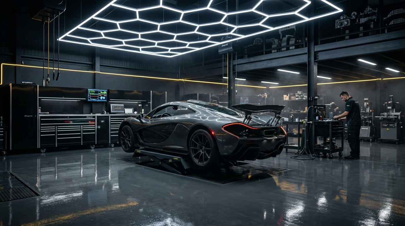Oficina mecânica de alta performance MotorGarage com supercarro em elevador pantográfico e iluminação hexagonal